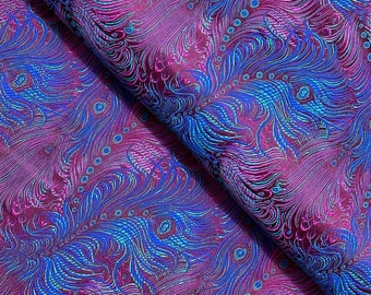 Purple Red, Blue Peacock Feather Brocade Fabric, Jacquard Fabric, Fabric by the Yard, 29 Inches Wide