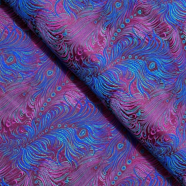 Purple Red, Blue Peacock Feather Brocade Fabric, Jacquard Fabric, Fabric by the Yard, 29 Inches Wide