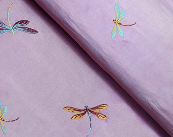 Tissu taffetas brodé violet clair, libellule par mètre, 59 pouces de large, vêtements, tenture, tissu de décoration intérieure,