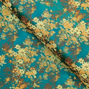 Dark Teal Green, Gold Small Floral Brocade Fabric, 28 Inches Wide.