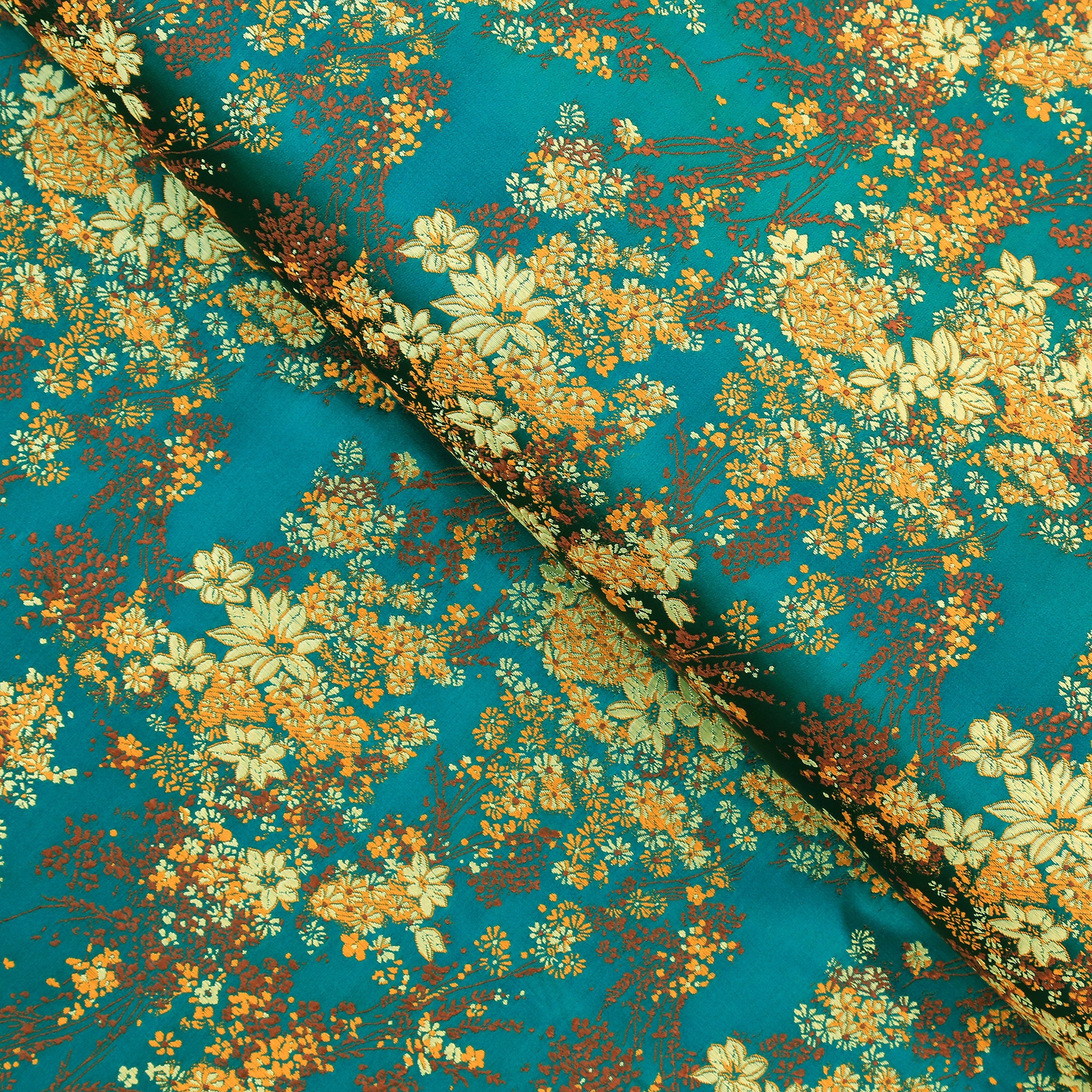 Dark Teal Green, Gold Small Floral Brocade Fabric, 28 Inches Wide.