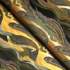 Black, Green Gold Metallic Jacquard, Brocade Fabric, Fabric by the Yard, 59&quot; Wide