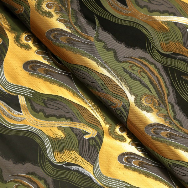 Jacquard metálico dorado verde y negro, tela de brocado, tela cortada a medida, 59" de ancho