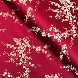 Deep Red Brocade Fabric with  Cherry Blossom for Wedding Dresses, Qipao & Cheongsam, 29" wide