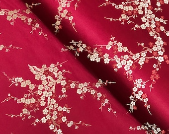 Deep Red Brocade Fabric with  Cherry Blossom for Wedding Dresses, Qipao & Cheongsam, 29" wide