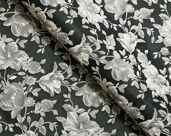 Zwart-witte jacquardstof met bloemenreliëf, 60" brede bekleding, jurkmateriaal op maat gesneden,