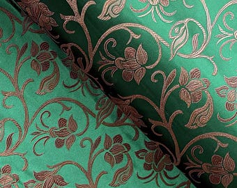 Dark Green Brocade Fabric by the Yard, Gold Floral Jacquard Damask, 28" Wide