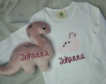 Baby Geschenk Set Mädchen, Body und Dino, bestickt, personalisiert