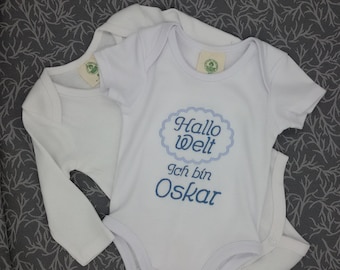 Baby Body, hallo Welt, bestickt, personalisiert, Junge, Geschenk zur Geburt