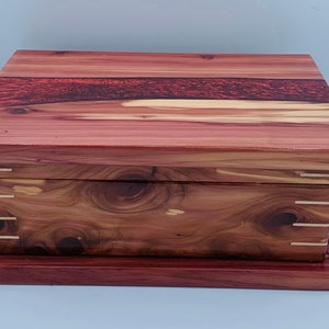 Solid Eastern red cedar, red wine resin with hard maple splines keepsake box / Cigar box / Jewelry box