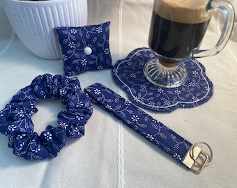 Hungarian Folk Floral Gift Set of 4– Handmade Scrunchie, Coaster, Key Fob