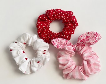 Handmade Cotton Scrunchie, Polka Dot Gingham Bunny Ear Hair Tie