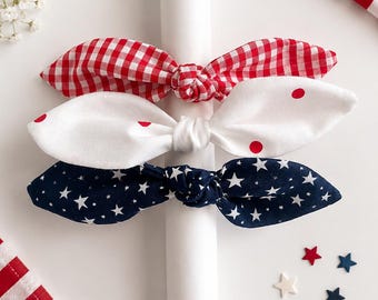 Handmade Patriotic Bunny Ear Hair Ties, Red White Blue Gingham Stars (Set of 3)