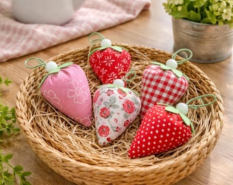 Fabric Strawberry Ornaments Set - Handmade Spring Tiered Tray Decor