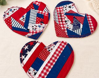 Red-White-Blue Patriotic Mugrug, Handmade Patchwork Coffee Mat, Oversized cold-drink Coaster