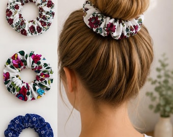 Hungarian Hair Scrunchie, Folk Floral Hair scrunchie, Handmade Hair Accessories, Kékfestõ and Kalocsai pattern hair tie