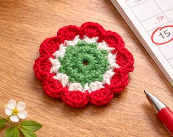 Handmade Crochet Kokarda Pin - Red White Green tri-color rosette, Folk Style Accessory