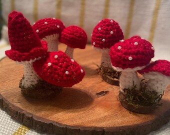 Crocheted Mushroom Toadstool Decor, Amigurumi on Wood Slice