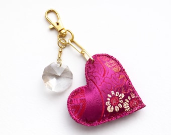 Oriental Pink Satin Valentine Heart Keychain – Handmade Crystal Bag Charm