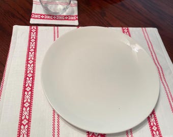 Placemat & Coaster Set for 2, Hungarian Folk Floral or Cross Stich pattern, Handmade table linenes