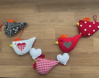 Farmhouse Chicken Rooster Garland, Handmade Country Cottagecore Fabric Decor