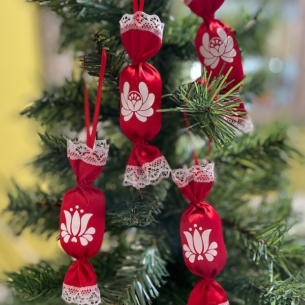 Hungarian folk art inspired, Satin candy shaped ornament  set of 4.