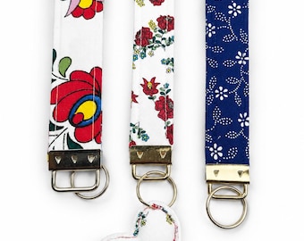 Hungarian Folk Fabric Keychain Wristlet, Kalocsa, Matyo, Kekfesto Key Fob, Hungarian Gift