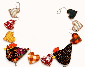Farmhouse Chicken-Rooster Garland, Handmade Country Cottagecore Fabric decor