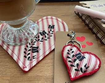 Handmade Hungarian Folk Art Heart Mug Rug and Keychain Set