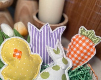 Set of 4 Easter Ornaments, Farmhouse Spring Bowl Filler, Handmade Stuffed Fabric Decor