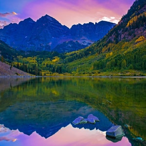 Maroon Bells Colorado - Mountain Lake Sunset by Joshua Woroniecki - Rocky Mountains Reflection Photograph Print Canvas Wall Decor