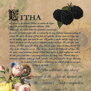 May include: A vintage-style illustration of the Summer Solstice, also known as Litha, with text describing the celebration and its significance. The illustration features a black and white drawing of a sun, a triangle, and the words "FIRE" and "SOUTH".