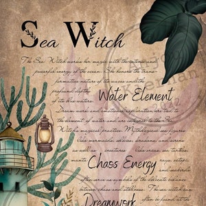 May include: A digital illustration of a sea witch with a lighthouse, ocean waves, and sea creatures. The text reads "Sea Witch" and describes the sea witch's connection to the water element, chaos energy, and dreamwork.