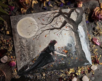 Mourning Spirit Folk Art Painting ~ Witchy Magick in Acrylic on Paper Board ~ Gothic Victorian Cemetery Grave Ghost ~ Original OOAK