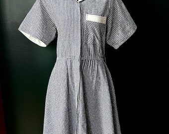 Vintage Blue Gingham 40’s 50’s Style Dress ~ Diner, House, Day Dress  ~ Size L/XL ~ Ankle Length Cotton ~  Rockabilly Retro ~ Skirt Pockets