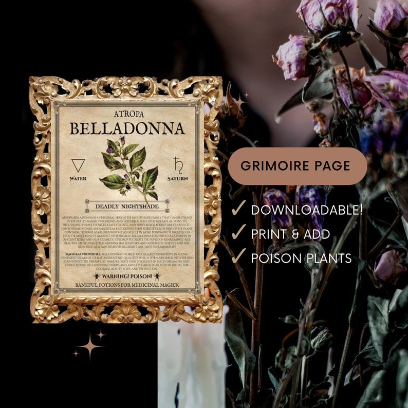 May include: A framed grimoire page with the text "Atropa Belladonna" and "Deadly Nightshade." The frame is gold-colored with ornate details. The page includes illustrations and text, with the words "Downloadable!", "Print & Add", and "Poison Plants."