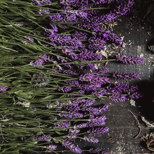 Puede incluir: Un ramo de flores de lavanda con flores moradas y tallos verdes sobre una superficie de madera oscura.