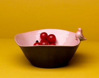 Ceramic snack bowl with bird | Dusty Pink | handmade pottery