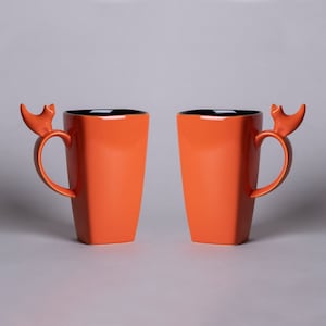 2er-Set große 20-Unzen-Keramikkatzenbecher | Orange glänzend | Handgetöpferte Keramik |