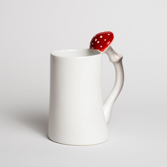 Handmade Ceramic Mushroom Mug: Amanita Muscaria Design, 16.9 oz White
