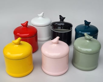 Handmade Ceramic Candy Jar: Bird Topper, Yellow Glaze