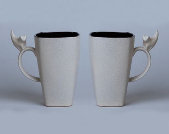 Set of 2 Large 20 oz ceramic cat mugs | Speckle Beige | Handmade Pottery |