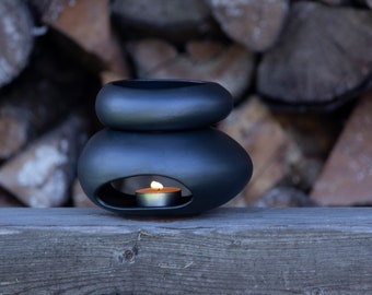 Handgemaakte keramische etherische oliediffuser | Zen-steenwasverwarmer | Waxmeltbrander | Satijnzwart