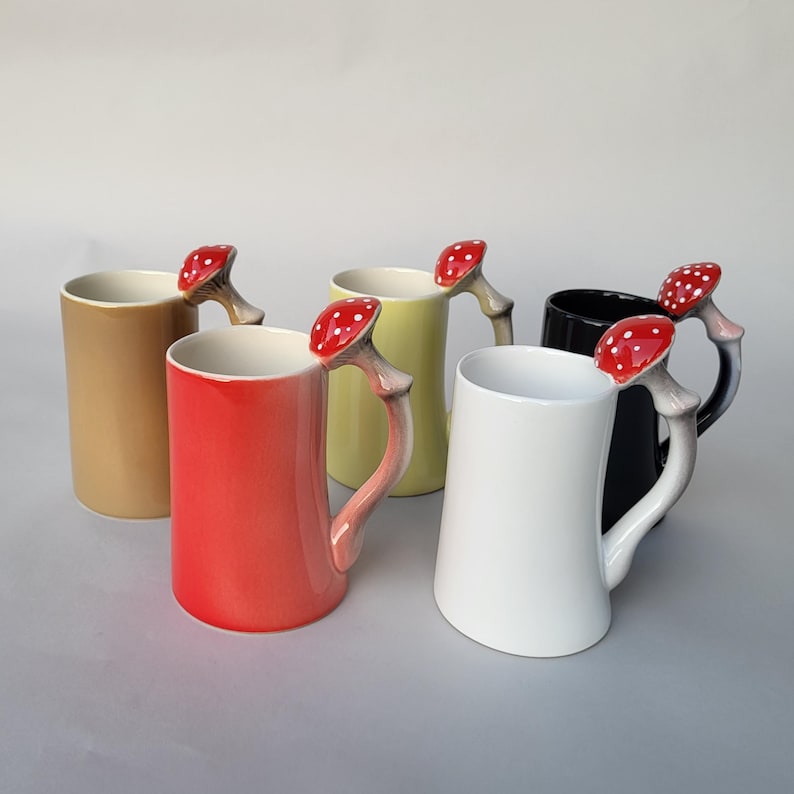 Handmade Ceramic Mushroom Mug: Amanita Muscaria Design, 16.9 oz White image 3
