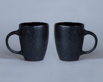 Set of 2 Large 17 oz ceramic mugs, satin black glaze | handmade pottery |