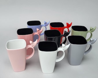 Set of 2 Large 20 oz ceramic black cat mugs | Satin Black | Handmade Pottery |
