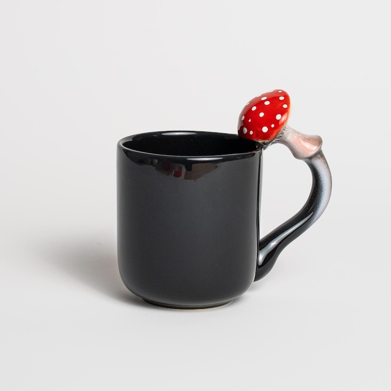 Handmade Ceramic Mushroom Mug: Amanita Muscaria Design, Glossy Black, 15.2 oz image 1