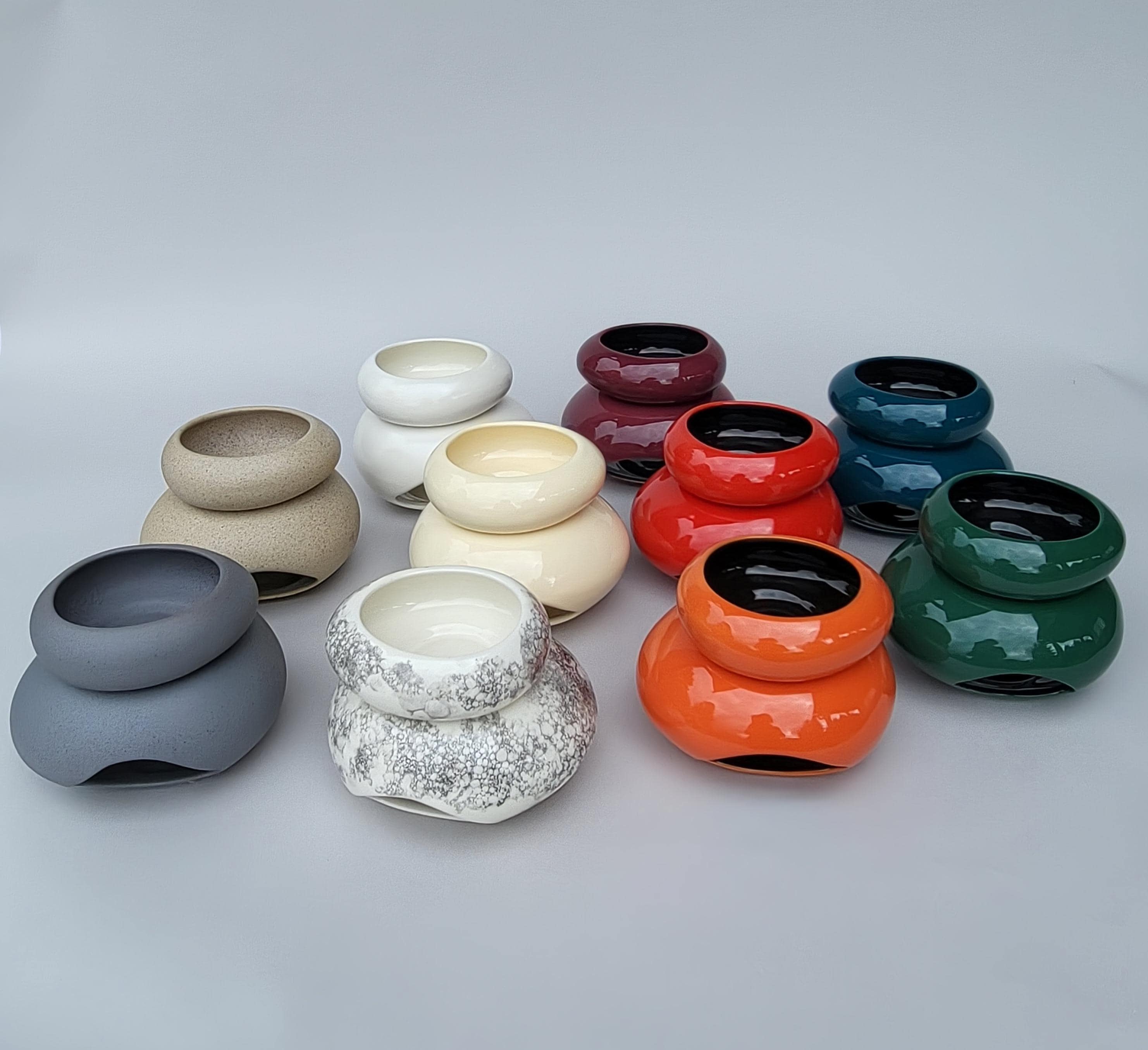 MINGJIANG Set van 2 Bamboe Keramiek Olie Brander Wax Smeltbrander, Olie Diffuser Wasbrander, Essentiële Olie Diffuser Warmer Theelicht Kandelaar Brander voor Thuiskantoor Slaapkamer Woonkamer Yoga Gift