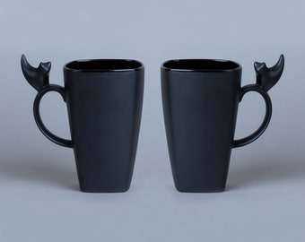 Set of 2 Large 20 oz ceramic black cat mugs | Satin Black | Handmade Pottery |