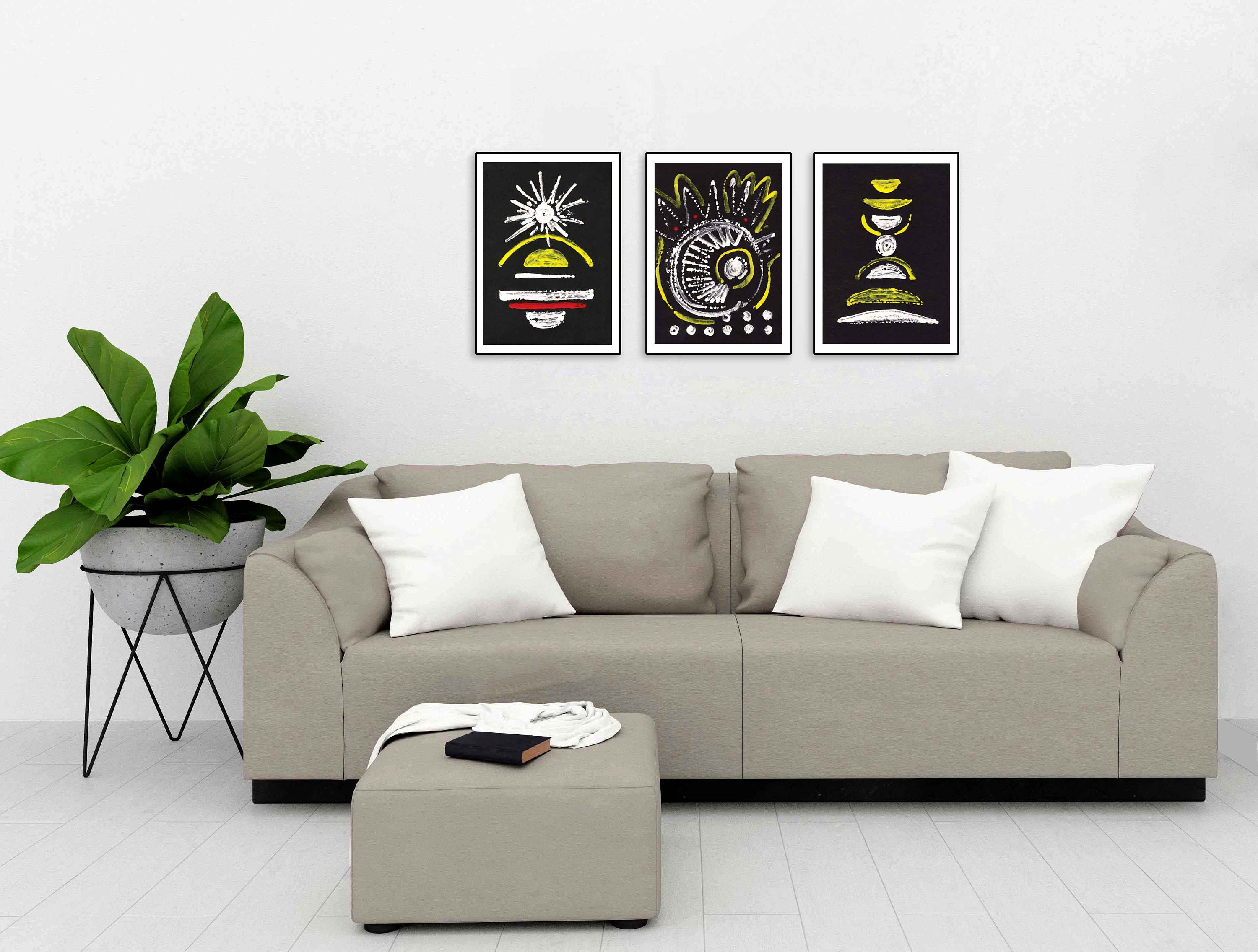 White Yellow Wall Art Print Black White Triptych Dark Abstract Etsy
